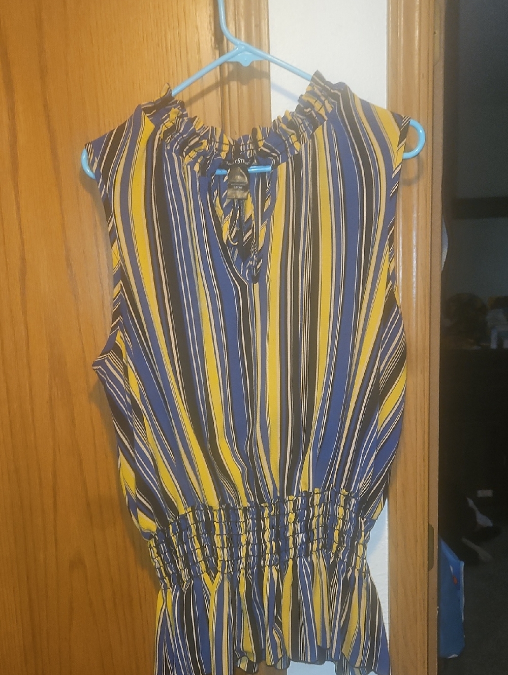 Ashley Stewart Blue and Yellow Striped Sleeveless Blouse